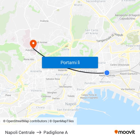 Napoli Centrale to Padiglione A map