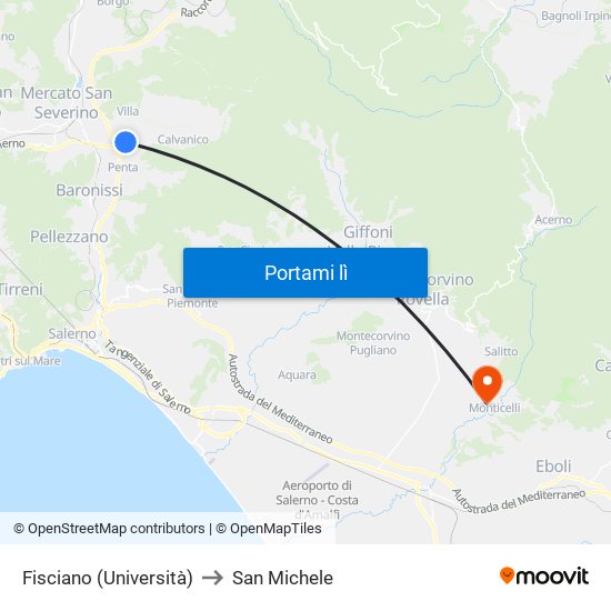 Fisciano (Università) to San Michele map