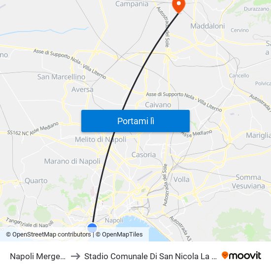 Napoli Mergellina to Stadio Comunale Di San Nicola La Strada map