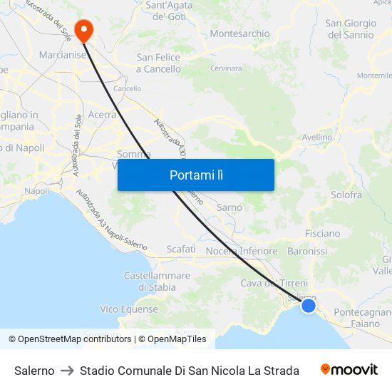 Salerno to Stadio Comunale Di San Nicola La Strada map