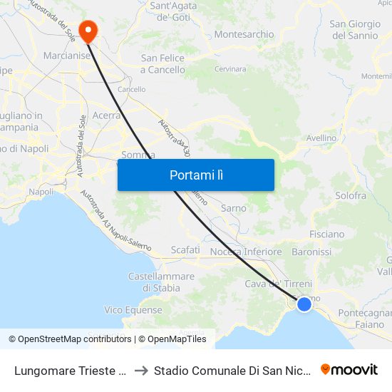 Lungomare Trieste Municipio to Stadio Comunale Di San Nicola La Strada map