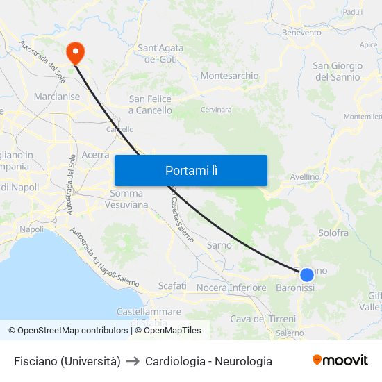 Fisciano (Università) to Cardiologia - Neurologia map