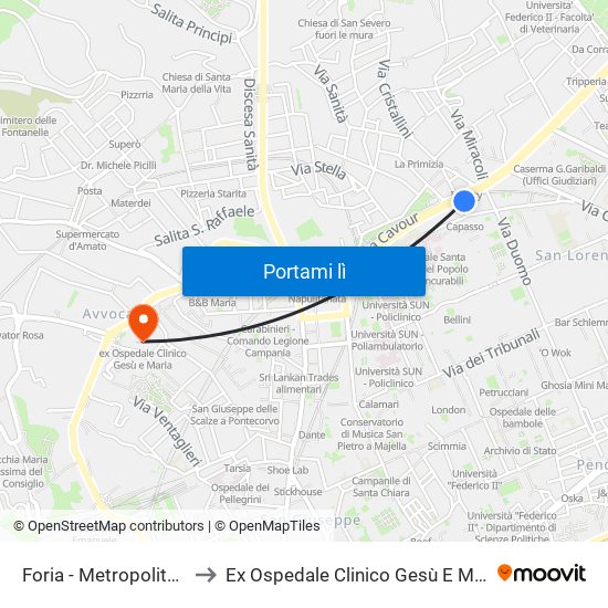 Foria - Metropolitana to Ex Ospedale Clinico Gesù E Maria map