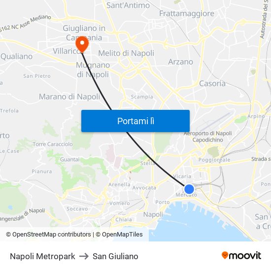 Napoli Metropark to San Giuliano map