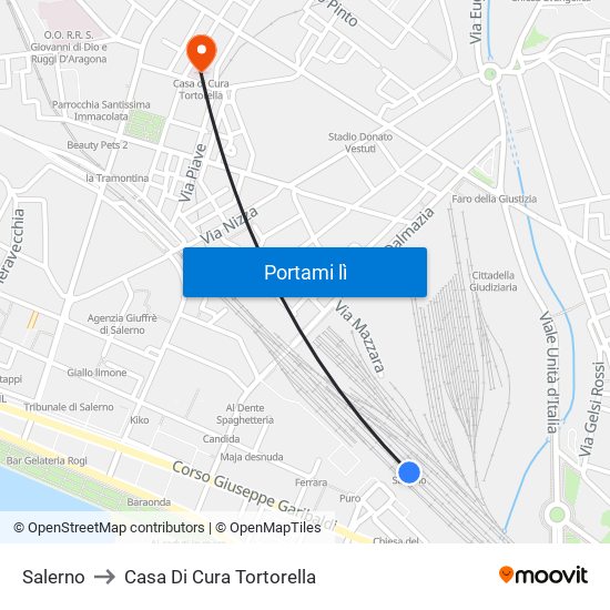 Salerno to Casa Di Cura Tortorella map