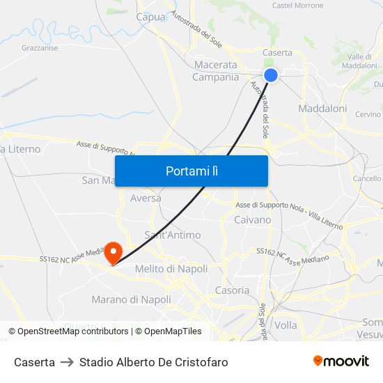 Caserta to Stadio Alberto De Cristofaro map