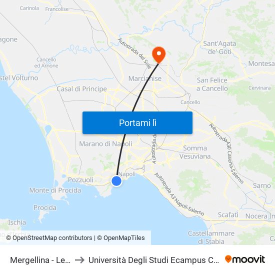 Mergellina - Leone to Università Degli Studi Ecampus Caserta map