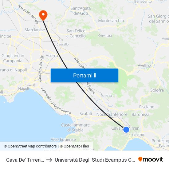 Cava De' Tirreni FS to Università Degli Studi Ecampus Caserta map