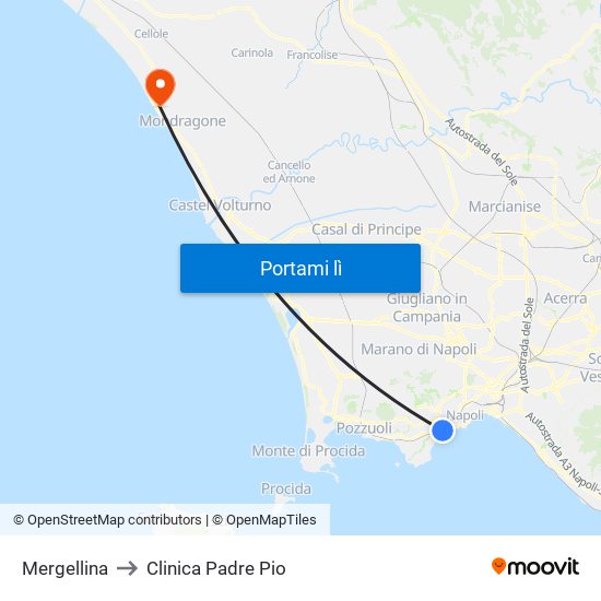Mergellina to Clinica Padre Pio map