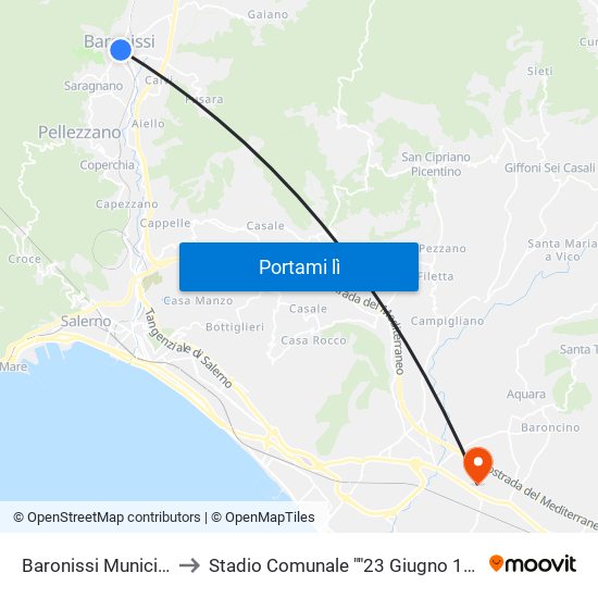 Baronissi Municipio to Stadio Comunale ""23 Giugno 1978"" map