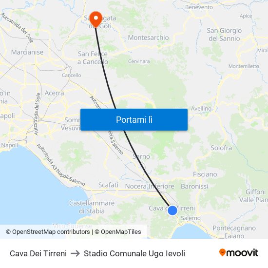 Cava Dei Tirreni to Stadio Comunale Ugo Ievoli map