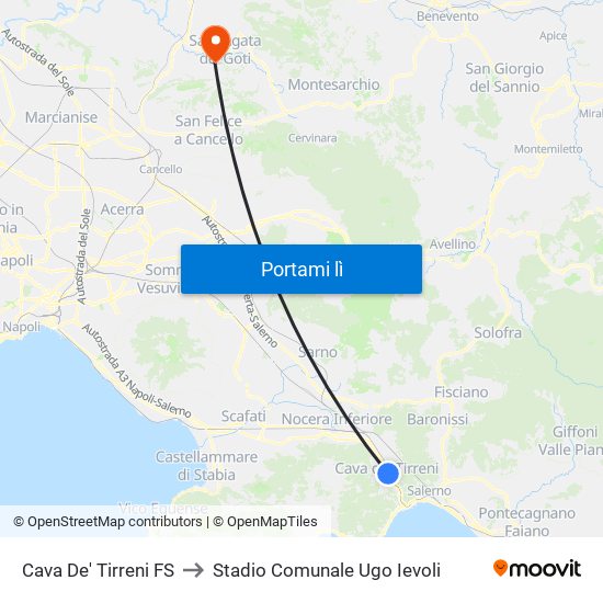 Cava De' Tirreni FS to Stadio Comunale Ugo Ievoli map