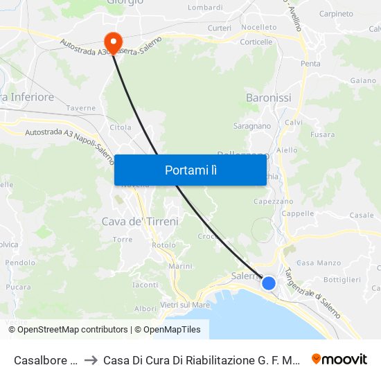 Casalbore Irno to Casa Di Cura Di Riabilitazione G. F. Montesano map