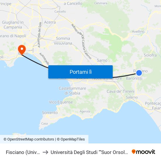Fisciano (Università) to Università Degli Studi ""Suor Orsola Benincasa"" map