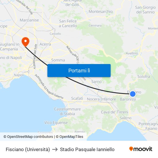 Fisciano (Università) to Stadio Pasquale Ianniello map