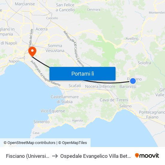 Fisciano (Università) to Ospedale Evangelico Villa Betania map