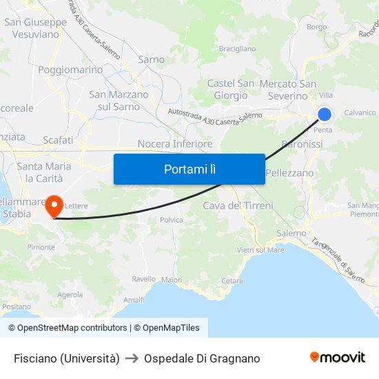 Fisciano (Università) to Ospedale Di Gragnano map