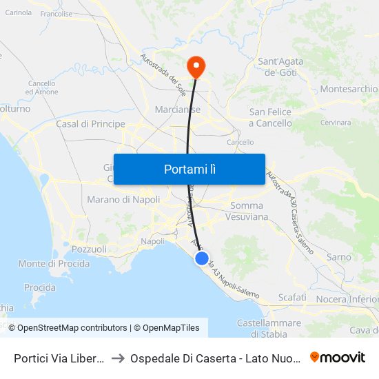 Portici Via Libertà to Ospedale Di Caserta - Lato Nuovo map