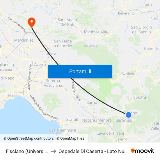 Fisciano (Università) to Ospedale Di Caserta - Lato Nuovo map