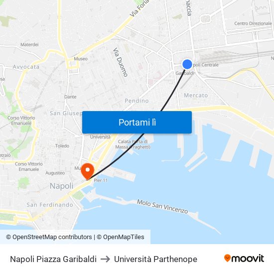 Napoli Piazza Garibaldi to Università Parthenope map