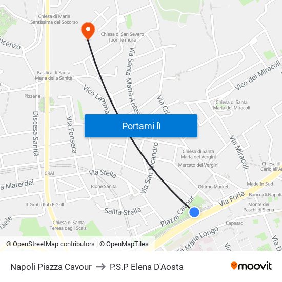 Napoli Piazza Cavour to P.S.P Elena D'Aosta map