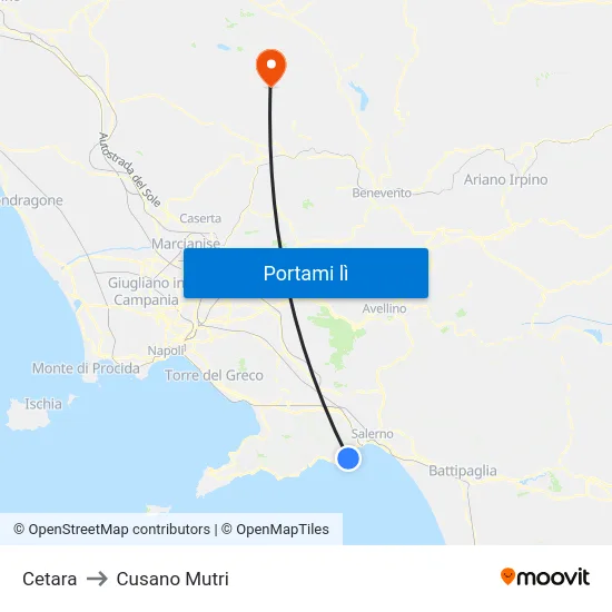 Cetara to Cusano Mutri map