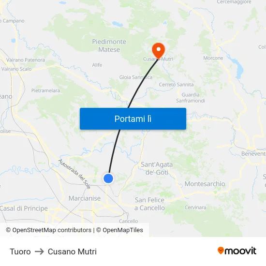 Tuoro to Cusano Mutri map