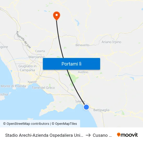 Stadio Arechi-Azienda Ospedaliera Universitaria to Cusano Mutri map