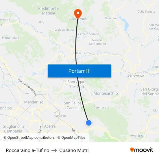Roccarainola-Tufino to Cusano Mutri map