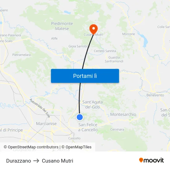 Durazzano to Cusano Mutri map