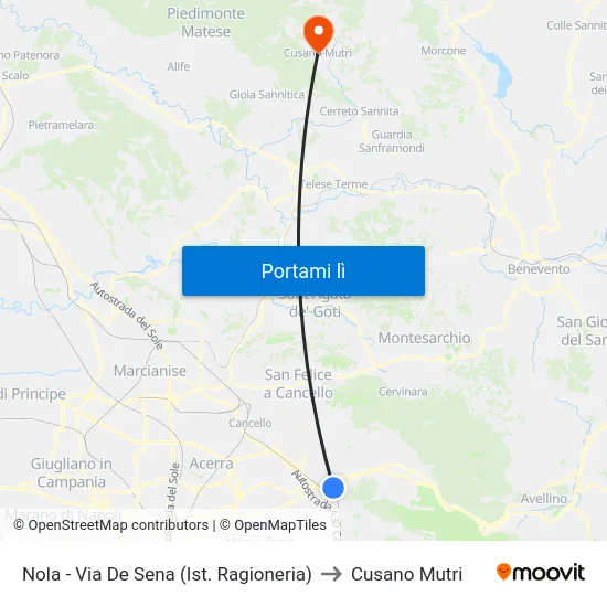 Nola - Via De Sena (Ist. Ragioneria) to Cusano Mutri map