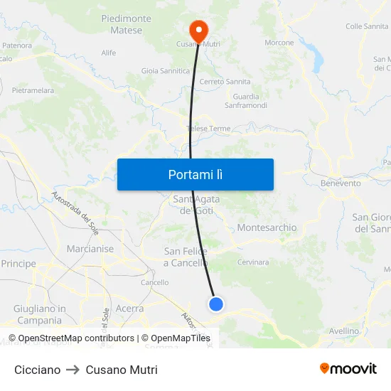 Cicciano to Cusano Mutri map