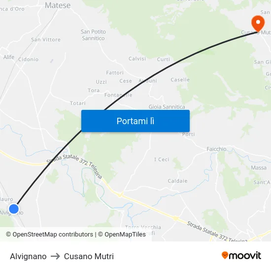 Alvignano to Cusano Mutri map