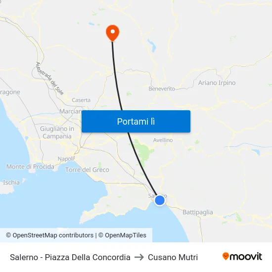 Salerno - Piazza Della Concordia to Cusano Mutri map