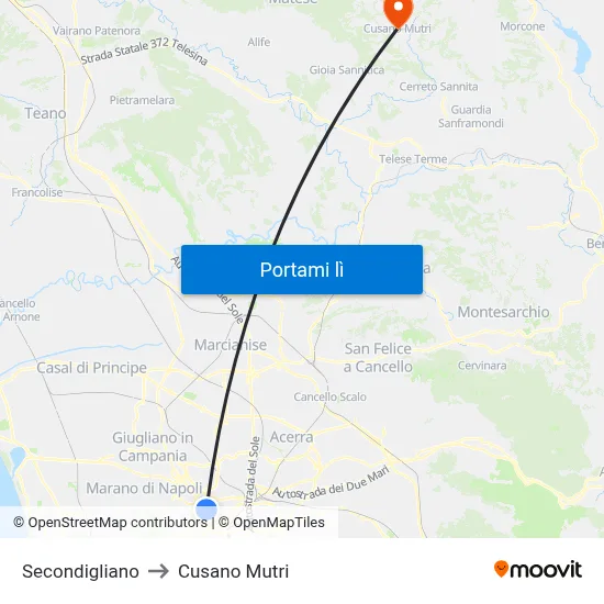 Secondigliano to Cusano Mutri map