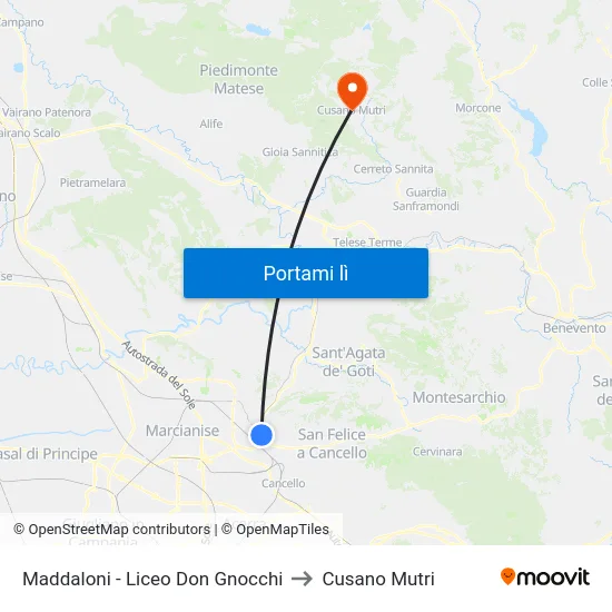 Maddaloni - Liceo Don Gnocchi to Cusano Mutri map