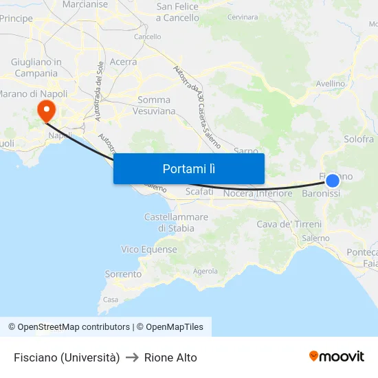 Fisciano (Università) to Rione Alto map