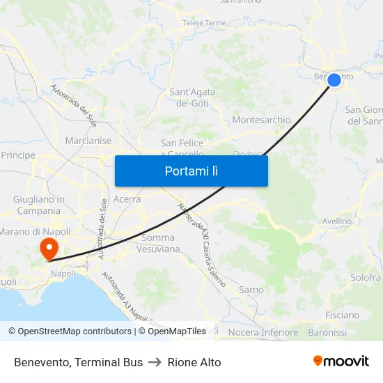 Benevento, Terminal Bus to Rione Alto map