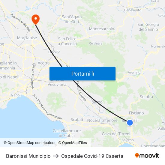 Baronissi Municipio to Ospedale Covid-19 Caserta map