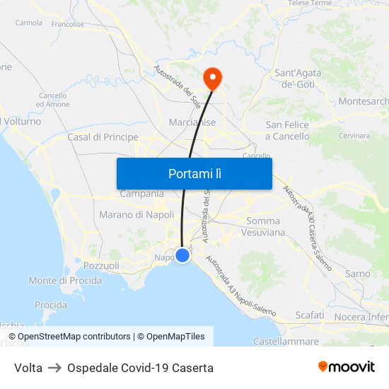 Volta to Ospedale Covid-19 Caserta map