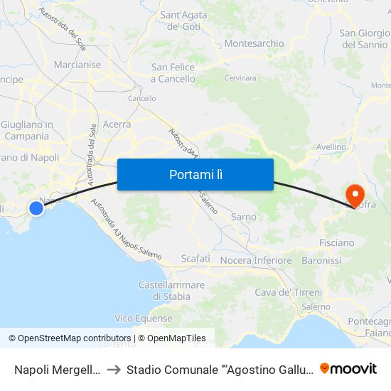 Napoli Mergellina to Stadio Comunale ""Agostino Gallucci"" map