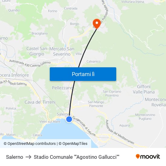 Salerno to Stadio Comunale ""Agostino Gallucci"" map