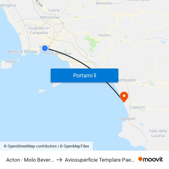 Acton - Molo Beverello to Aviosuperficie Templare Paestum map