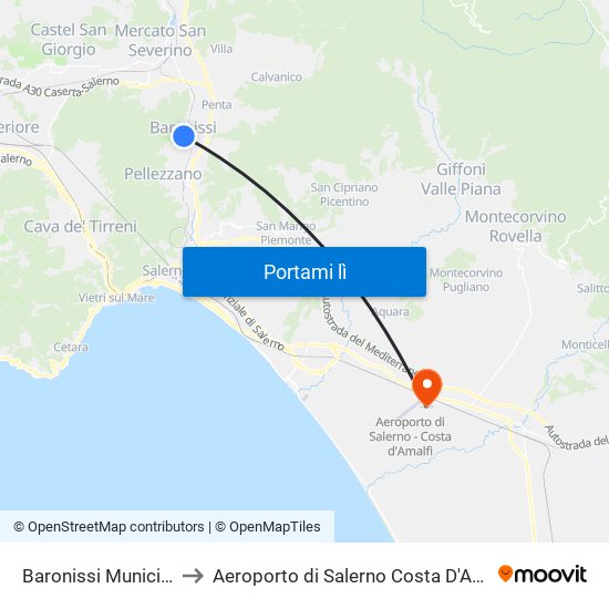 Baronissi Municipio to Aeroporto di Salerno Costa D'Amalfi map
