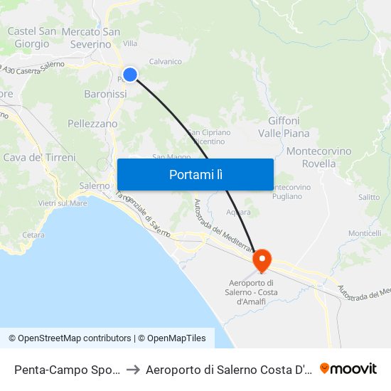 Penta-Campo Sportivo to Aeroporto di Salerno Costa D'Amalfi map