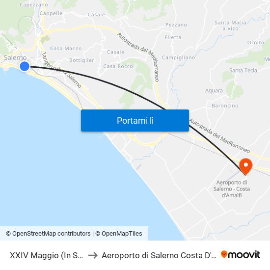 XXIV Maggio  (In Salita) to Aeroporto di Salerno Costa D'Amalfi map