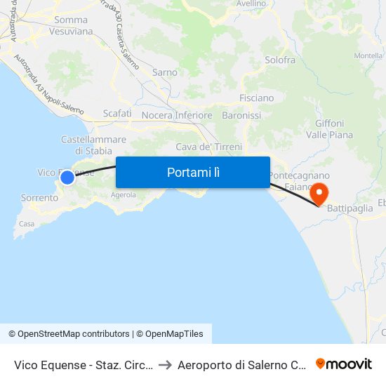 Vico Equense - Staz. Circumvesuviana to Aeroporto di Salerno Costa D'Amalfi map