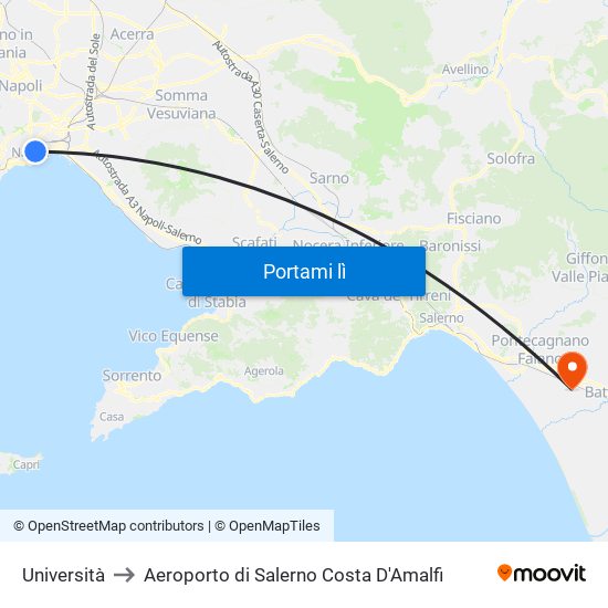 Università to Aeroporto di Salerno Costa D'Amalfi map