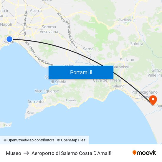 Museo to Aeroporto di Salerno Costa D'Amalfi map