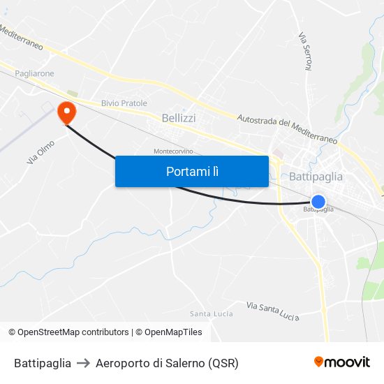 Battipaglia to Aeroporto di Salerno (QSR) map